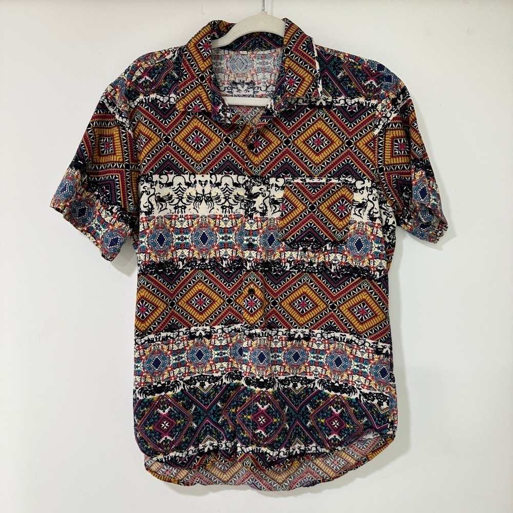 Geometric Print Short Sleeve Button Down Shirt Mens Large Multicolor Boho